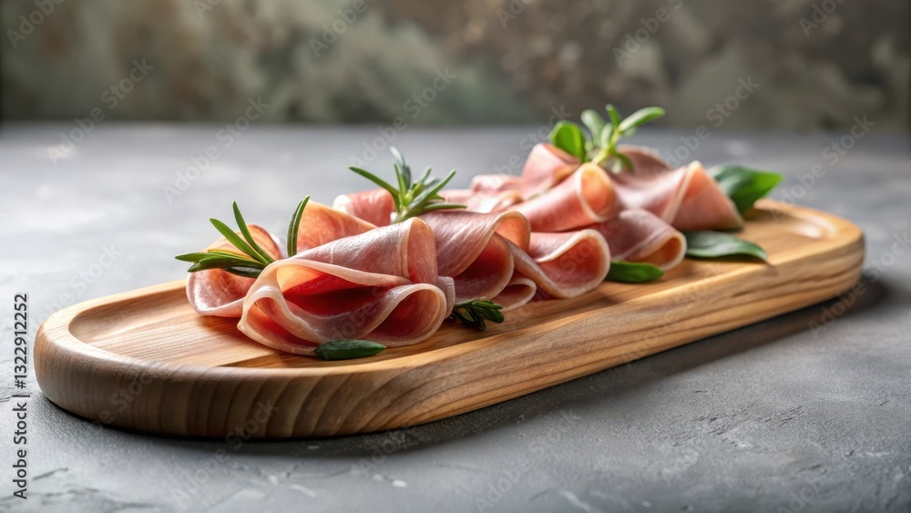 Deliciously Thin Slices of Cured Meat Arranged on Wooden Board with Fresh Herbs Deliciously Thin Slices of Cured Meat Arranged on Wooden Board with Fresh Herbs