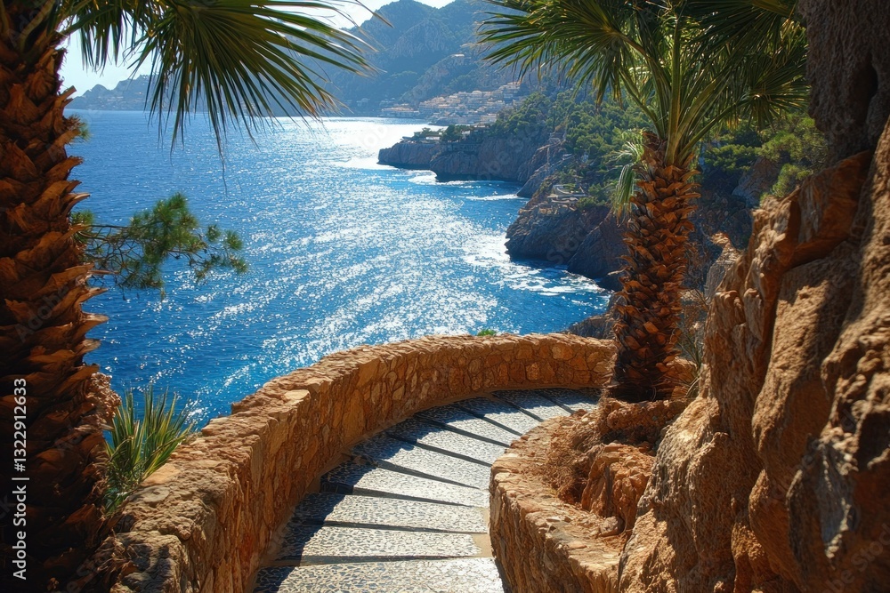 Scenic Coastal Pathway with Palm Trees and Glimmering Blue Ocean Views under Bright Sky
