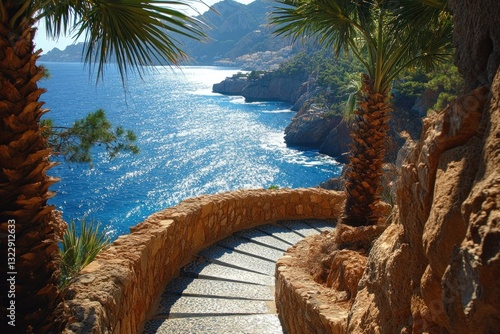 Obraz na płótnie Scenic Coastal Pathway with Palm Trees and Glimmering Blue Ocean Views under Bright Sky w salonie