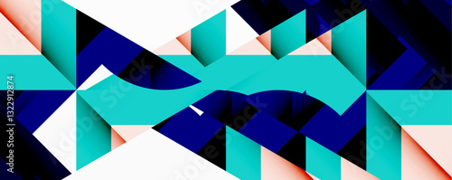 Abstract geometric artwork with interwoven angular and curved shapes, dynamic composition with smooth gradients and bold contrasts