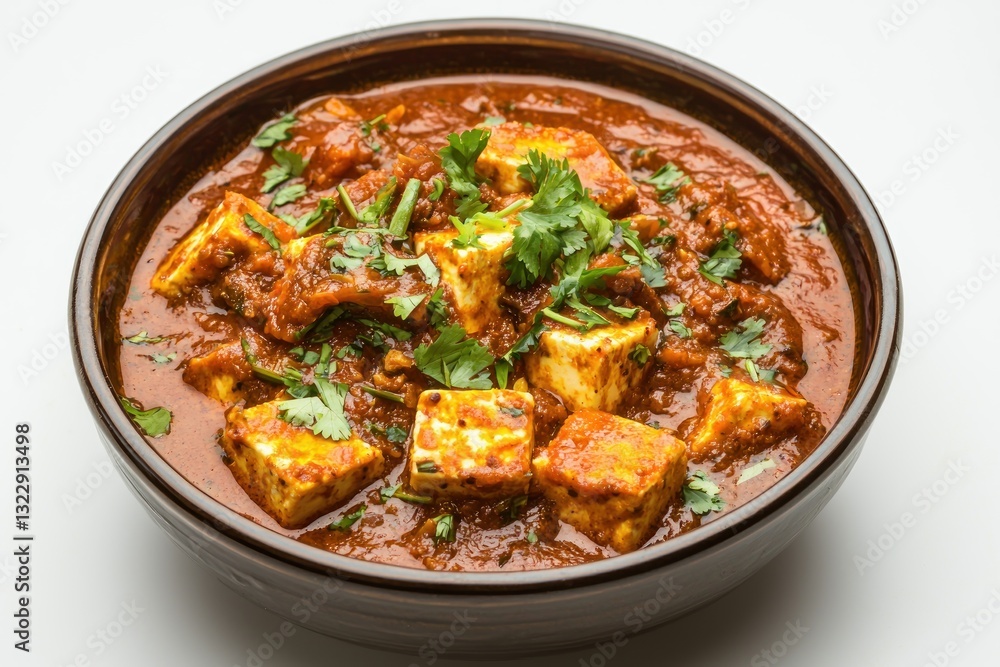 Delicious paneer butter masala in a dark brown bowl on a pristine white background flavorful culinary style Delicious paneer butter masala in a dark brown bowl on a pristine white background flavorful culinary style