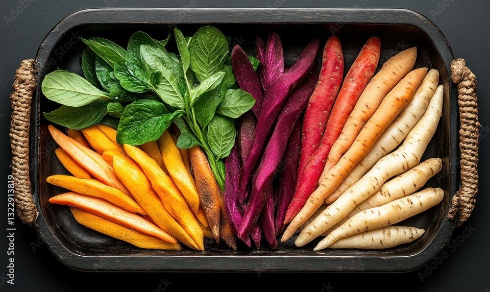 Fresh Organic Vegetables on Tray with Green Leaves and Colorful Roots for Culinary Use