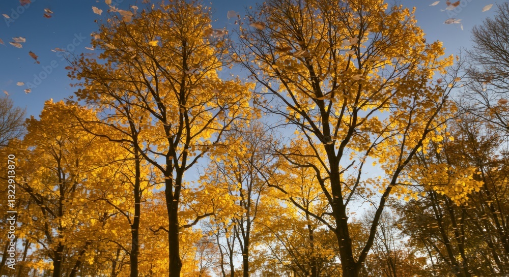 Autumn forest, towering maple trees, golden foliage, blue sky, sunlight filtering through branches, low angle view, vibrant fall colors, tree canopy, nature photography, crisp autumn day, leafy treeto Autumn forest, towering maple trees, golden foliage, blue sky, sunlight filtering through branches, low angle view, vibrant fall colors, tree canopy, nature photography, crisp autumn day, leafy treeto