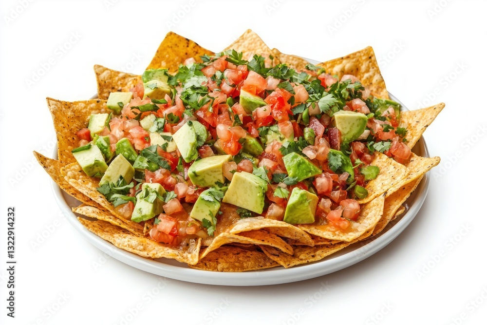 Delicious and fresh avocado salsa and tomato on crunchy golden tortilla chips served on a white plate Delicious and fresh avocado salsa and tomato on crunchy golden tortilla chips served on a white plate