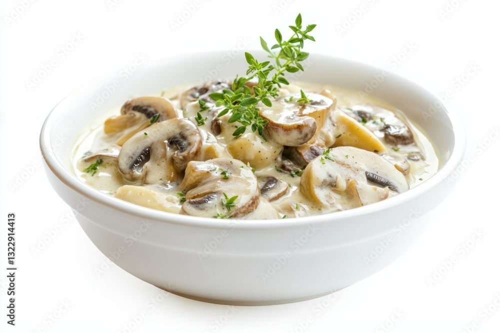 Creamy mushroom soup with sliced fungi thyme herb on a modern white bowl clean background studio food shot Creamy mushroom soup with sliced fungi thyme herb on a modern white bowl clean background studio food shot
