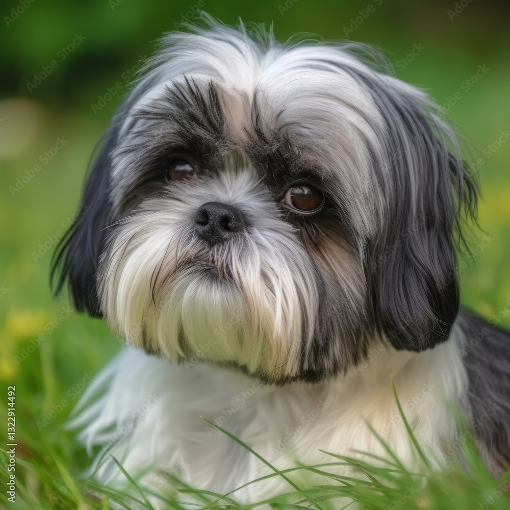 Shih Tzu dog portrait in a sunny summer day. Closeup portrait of a purebred Shih Tzu dog in the field. Outdoor portrait of a beautiful Shih Tzu dog in a summer field. AI generated Shih Tzu dog portrait in a sunny summer day. Closeup portrait of a purebred Shih Tzu dog in the field. Outdoor portrait of a beautiful Shih Tzu dog in a summer field. AI generated