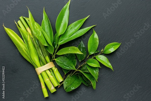 Fresh Green Bamboo Stems and Leaves with Drops of Water on Dark Stone Background