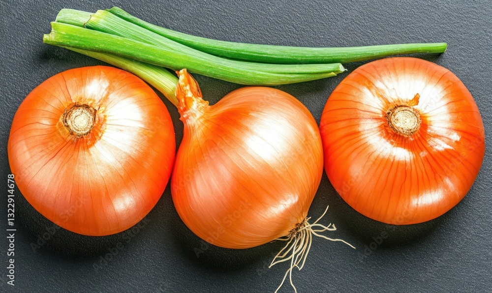 Fresh Onions and Green Onions on Black Surface for Culinary and Cooking Purposes