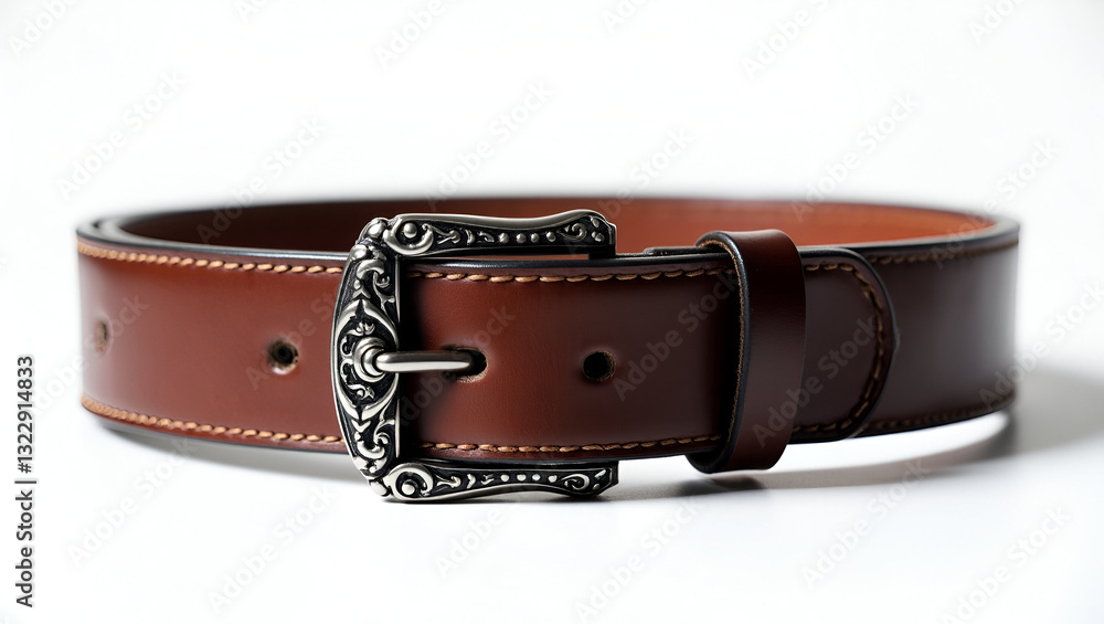 Highly Detailed Dark Brown Leather Belt with a Prominent Metal Buckle Highly Detailed Dark Brown Leather Belt with a Prominent Metal Buckle