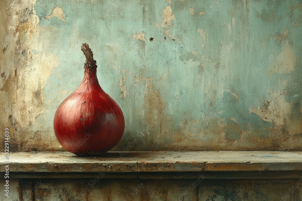 Rustic Still Life of a Single Red Onion on a Weathered Wooden Table Against a Textured Wall