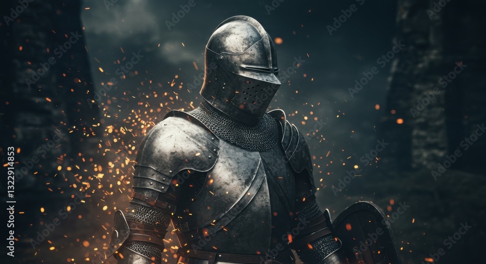 Naklejka premium dark knight, medieval armor, glowing helmet, cinematic lighting, ethereal particles, mysterious atmosphere, fantasy warrior, shadowy background, intricate details, metallic textures, golden accents, d