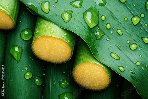 Fresh Green Leaves with Water Droplets and Yellow Stalks on a Natural Background