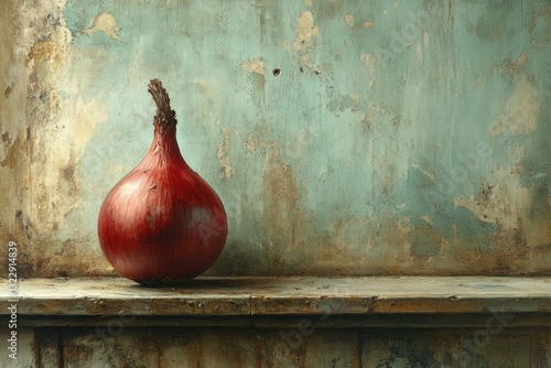 Obraz na płótnie Rustic Still Life of a Single Red Onion on a Weathered Wooden Table Against a Textured Wall w salonie
