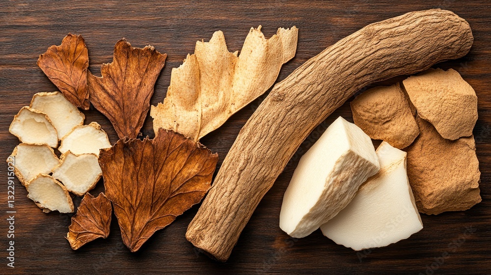 Natural Herbal Ingredients for Health and Wellness on Wooden Background with Aromatic Plants