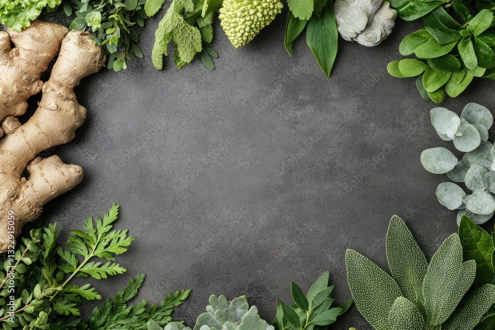 Fresh Green Herb Arrangement on Dark Gray Background for Natural Food and Wellness Themes
