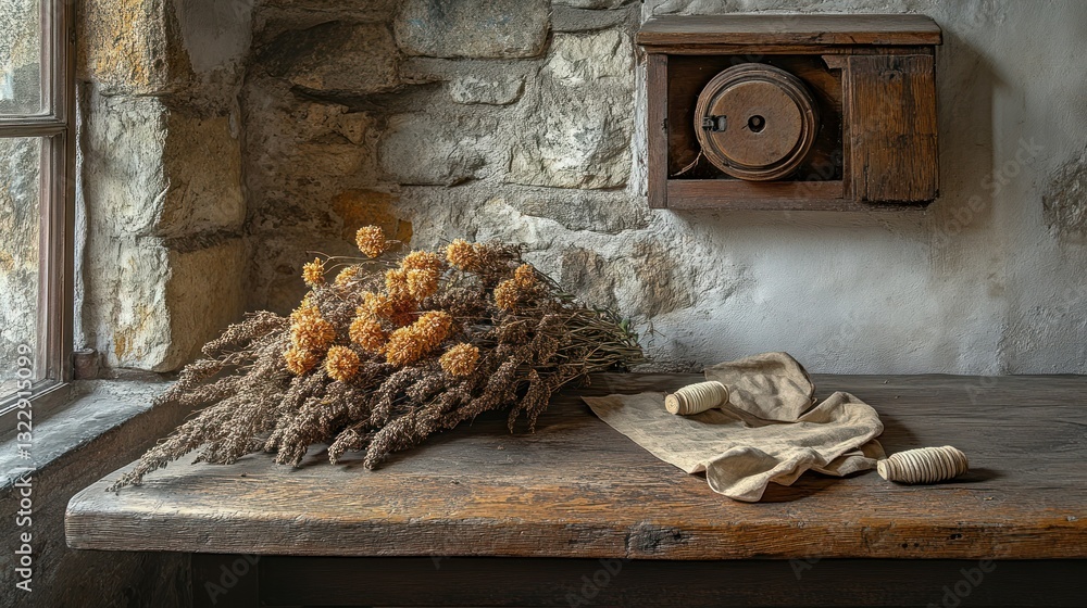 Rustic Still Life with Dried Flowers and Twine on Wooden Table in Vintage Room Setting