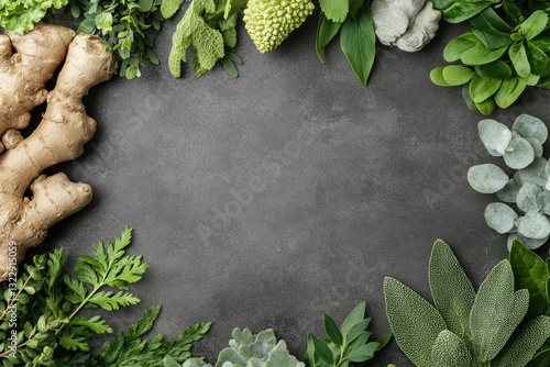 Obraz na płótnie Fresh Green Herb Arrangement on Dark Gray Background for Natural Food and Wellness Themes w salonie