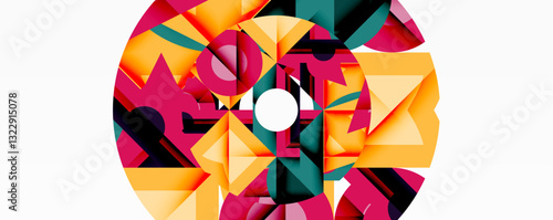 Abstract geometric artwork with interwoven angular and curved shapes, dynamic composition with smooth gradients and bold contrasts