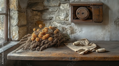 Obraz na płótnie Rustic Still Life with Dried Flowers and Twine on Wooden Table in Vintage Room Setting w salonie