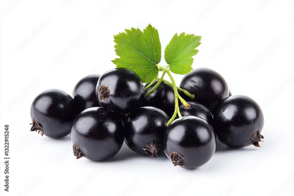 Heap of fresh black currants gleaming with vibrant green leaf on bright white surface in studio shot