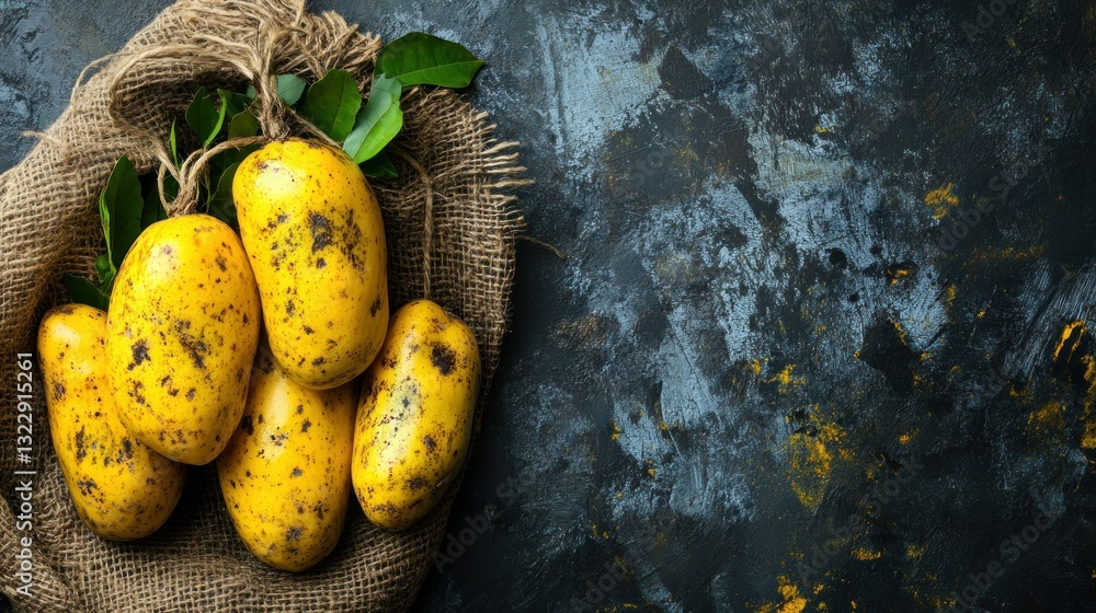 Fresh yellow mangoes with green leaves on rustic burlap against textured dark background