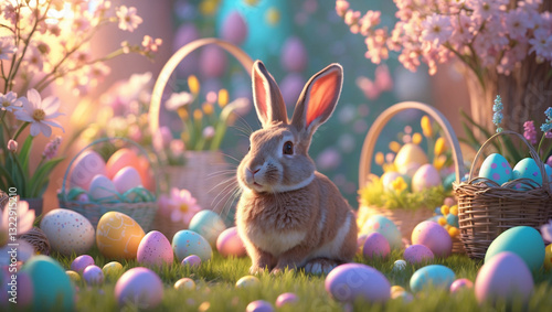 Enchanting Easter Garden with Colorful Flowers and Bunny