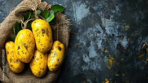 Obraz na płótnie Fresh yellow mangoes with green leaves on rustic burlap against textured dark background w salonie