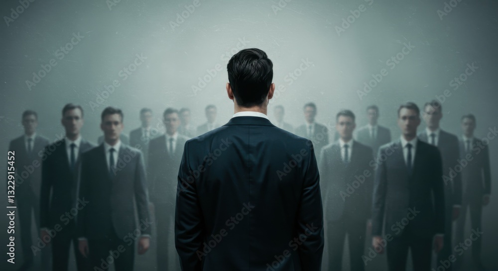 Fototapeta premium dark corporate setting, business executives in suits, back view of central figure, silhouettes in background, eerie atmosphere, corporate dystopia, black and white tones, misty background, power dynam