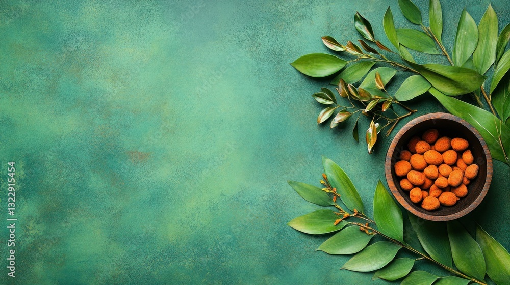 Decorative Bowl of Nuts Surrounded by Fresh Green Leaves on Textured Blue and Green Background