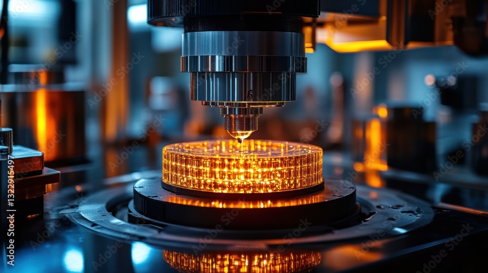 Precision manufacturing of electronic components. Close-up of a high-tech machine working on a circuit board. Intricate details of the automated process are highlighted Precision manufacturing of electronic components. Close-up of a high-tech machine working on a circuit board. Intricate details of the automated process are highlighted