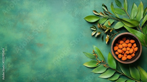Obraz na płótnie Decorative Bowl of Nuts Surrounded by Fresh Green Leaves on Textured Blue and Green Background w salonie