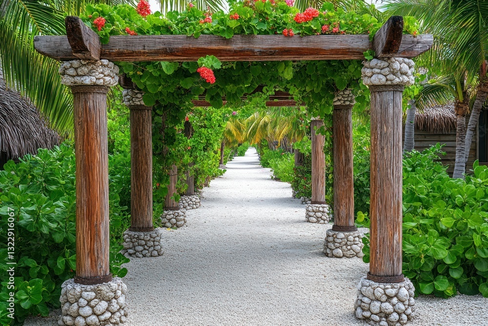 Tranquil Pathway Under Flower-Laden Arch in Lush Tropical Garden Setting
