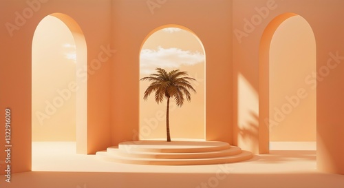 Serene Peach Room with Arches, Palm Tree & Circular Platform Design