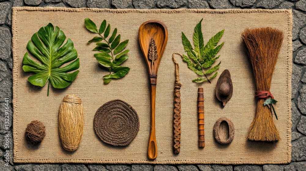 Natural Elements Arrangement with Leaves, Wooden Spoon, and Natural Crafts on Woven Mat