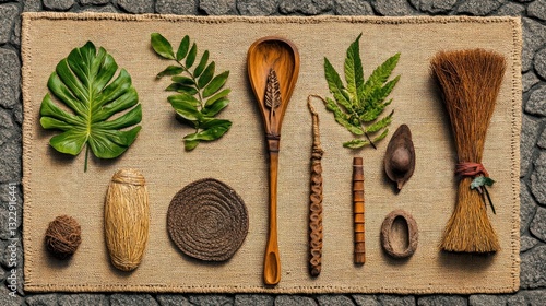 Obraz na płótnie Natural Elements Arrangement with Leaves, Wooden Spoon, and Natural Crafts on Woven Mat w salonie