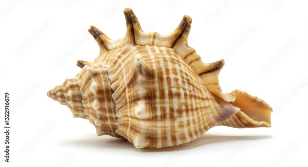Seashell, conch shell, spiral pattern, golden brown hues, plaid-like texture, shiny surface, natural object, marine life, beach treasure, organic form, detailed ridges, smooth curves, isolated on whit Seashell, conch shell, spiral pattern, golden brown hues, plaid-like texture, shiny surface, natural object, marine life, beach treasure, organic form, detailed ridges, smooth curves, isolated on whit