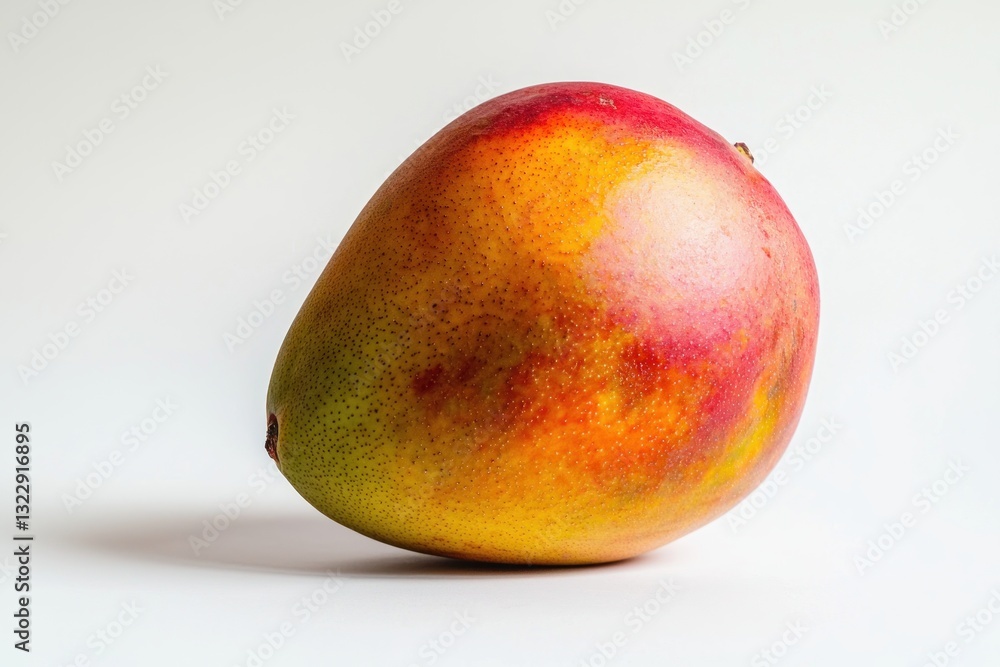 Captivating close up shot of a whole ripe mango displaying vivid colors and textured skin against white background Captivating close up shot of a whole ripe mango displaying vivid colors and textured skin against white background
