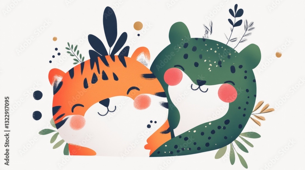 Obraz premium Cute Tiger and Leopard Cartoon Illustration Tropical Animals Jungle Friends Childrens I