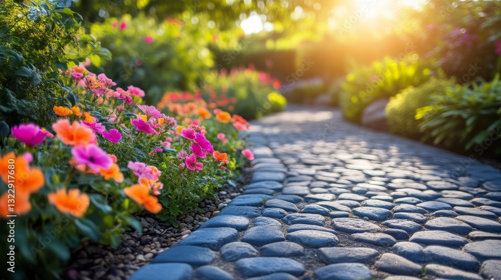 Naklejka premium Tranquil garden pathway with blooming flowers in a vibrant nature scene