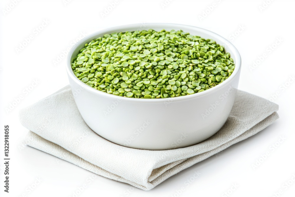 Elegant still life featuring a white bowl filled with vibrant green split peas and a folded linen napkin Elegant still life featuring a white bowl filled with vibrant green split peas and a folded linen napkin
