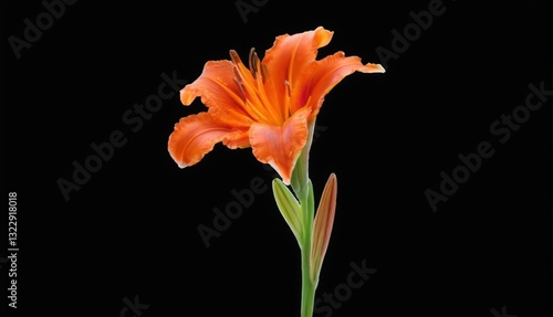 Vibrant Orange Lily Flower with Long Stem on Black Background