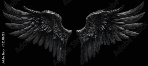 Black angel wings spread out symmetrically against a black background, crafted from shiny metallic material giving a dark, mysterious vibe.
