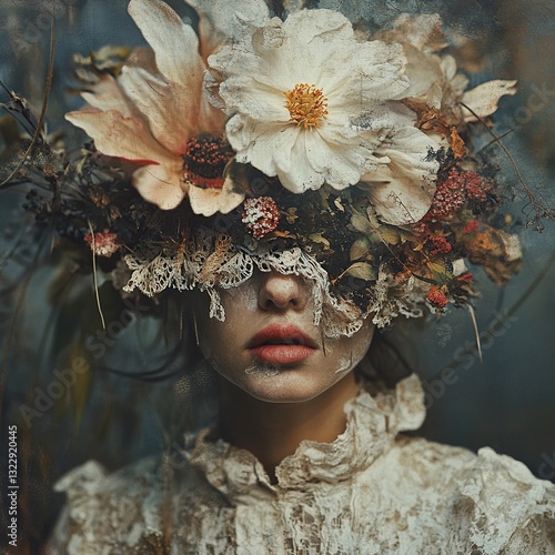 Enigmatic Woman in Floral Mask: A Dark Romantic Portrait