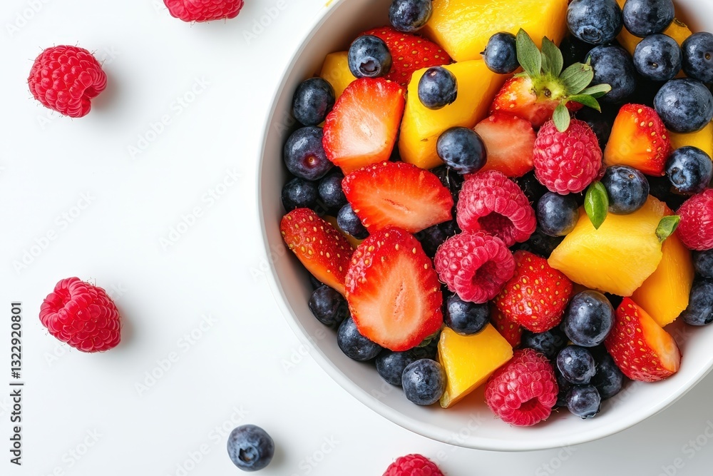 Obraz premium A vibrant bowl contains fresh fruits on a plain white surface