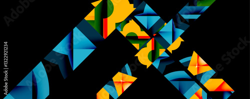 Abstract geometric artwork with interwoven angular and curved shapes, dynamic composition with smooth gradients and bold contrasts