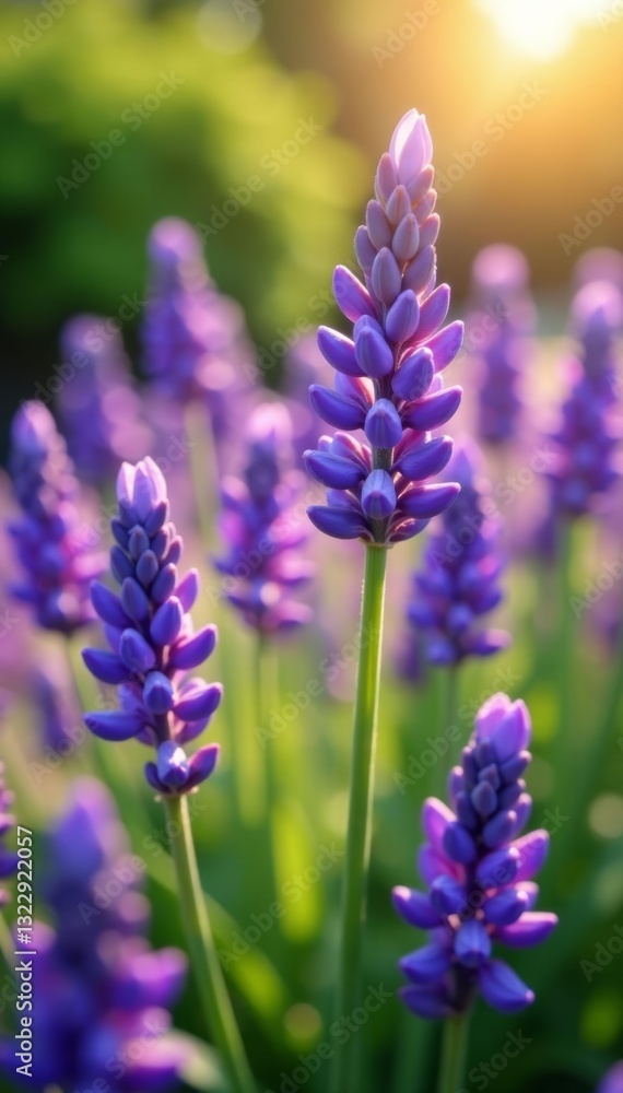 Fototapeta premium Close-up of vibrant lavender flowers in a sunlit garden, blooming, purple