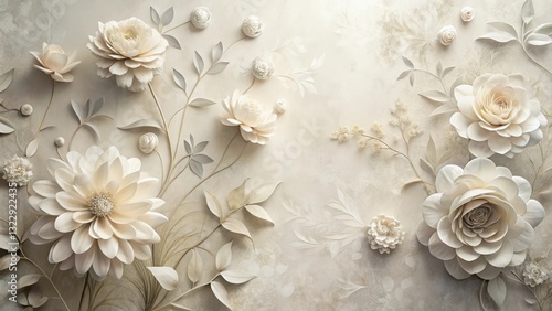 Elegant Cream-Colored Floral Arrangement with Intricate Paper Flower Design, Featuring Delicate Foliage and a Soft Textured Background