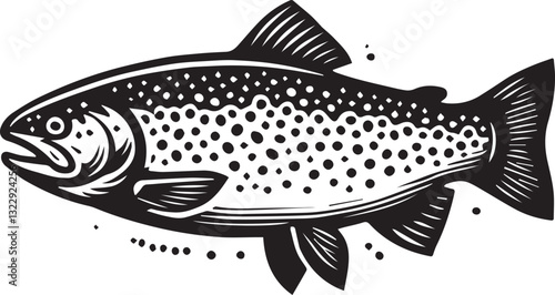 black vector illustration of fish, Salmon fish silhouette vector, Salmon fish vector illustration, Salmon fish logo vector, Salmon fish silhouette vector black and white
