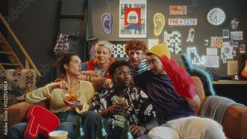 Group of diverse friends sitting together on couch, enjoying snacks, watching comedy show on TV, chatting and laughing in trendy living room with modern decor. Zoom shot