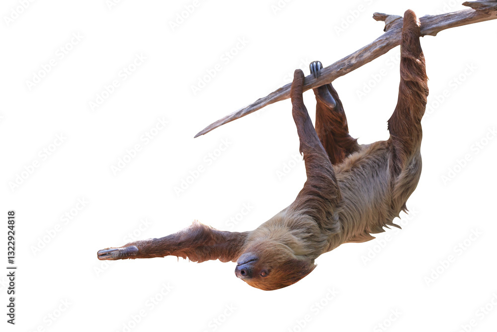 Fototapeta premium Cute two-toed sloth hanging on tree branch isolated on transparent background png file